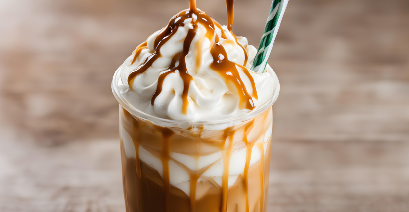Como fazer frappuccino - Copo de frappuccino com chantilly e calda de caramelo, servido com dois canudos, sobre uma superfície de madeira.