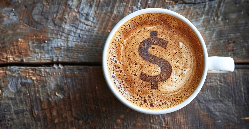 Café mais caro do mundo - Xícara de café vista de cima com símbolo de cifrão desenhado na espuma, simbolizando o tema do café mais caro do mundo.