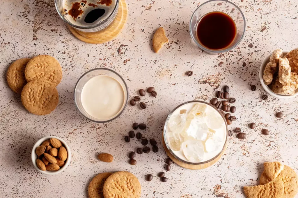 Cafés, leite, biscoitos, amêndoas e gelo sobre uma superfície texturizada.